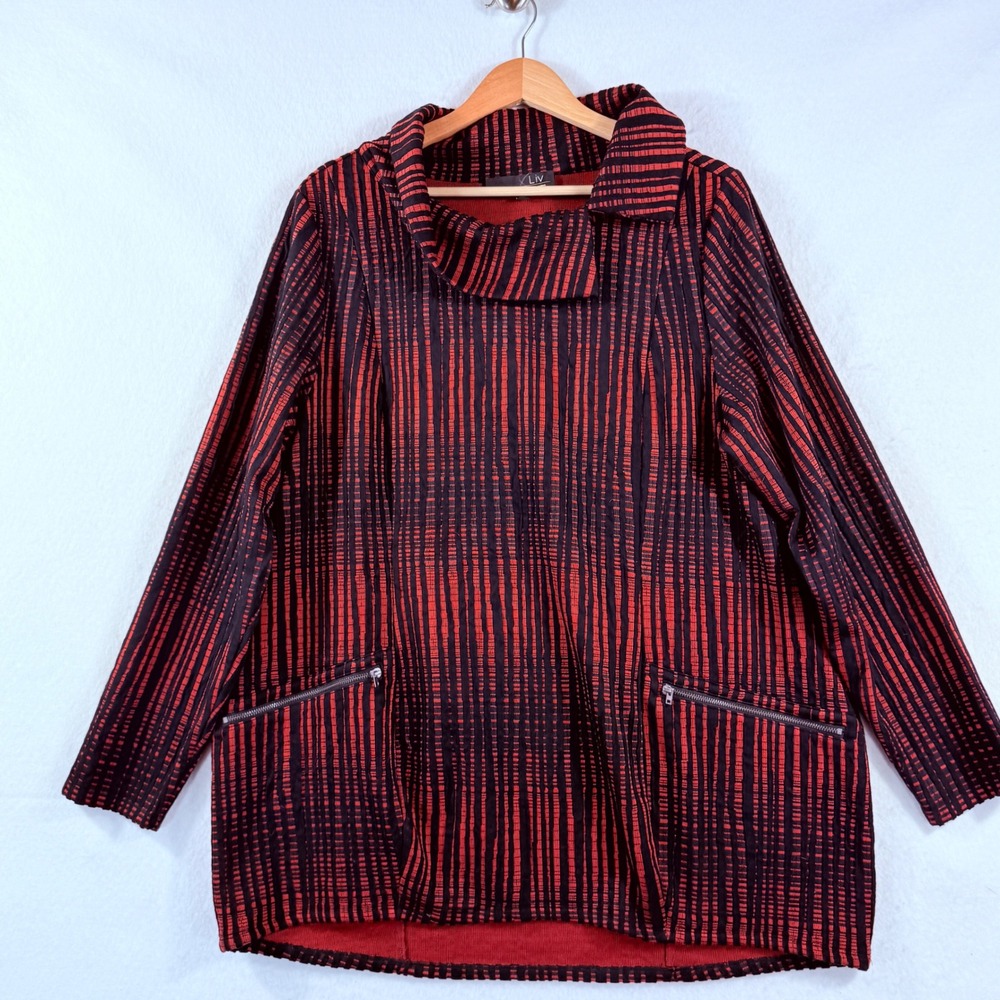 Liv by Habitat Tunic Top Womens XL Brick Black Striped Cowl Neck Lagenlook Artsy
